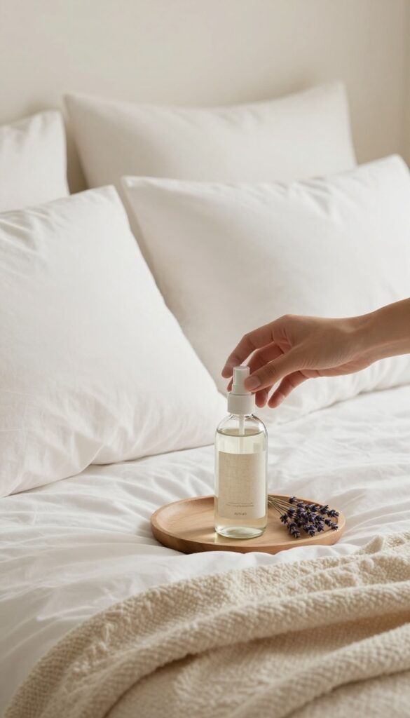 A hand spritzing linen spray onto a bed in a bright, serene bedroom