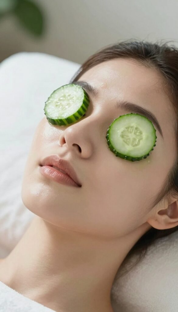 Woman relaxing with cucumber slices on eyes in a spa setting