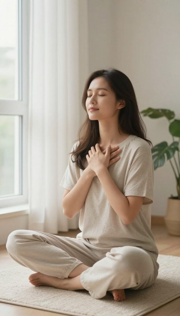 Woman practicing self-compassion with hand on heart in a peaceful room