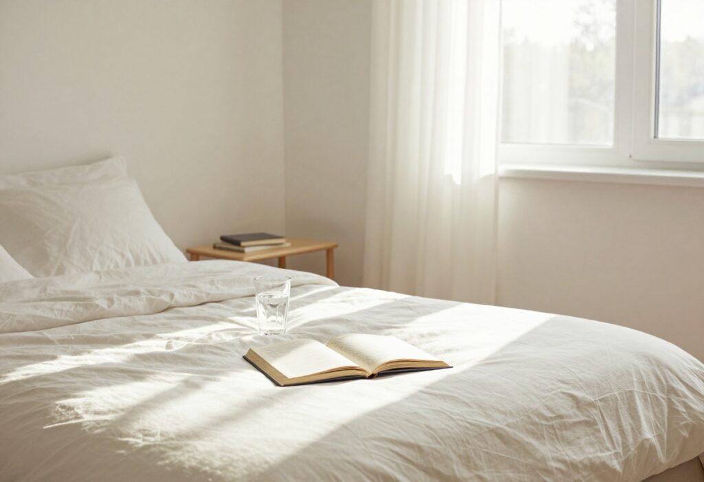 Peaceful bedroom scene with morning light, a glass of water, and an open journal on a bed.