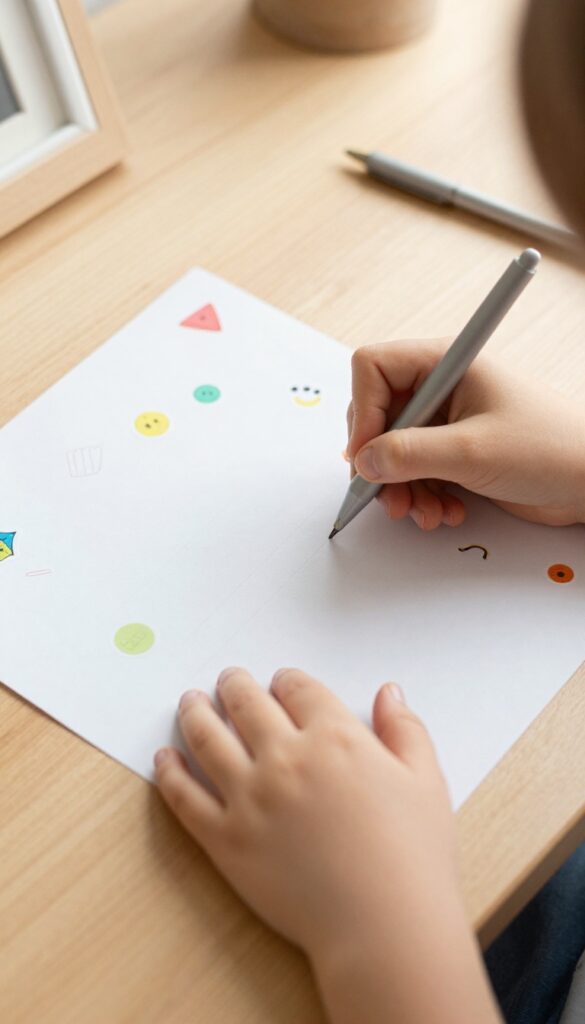 Child writing a thank you letter to themselves with colorful decorations on a wooden desk