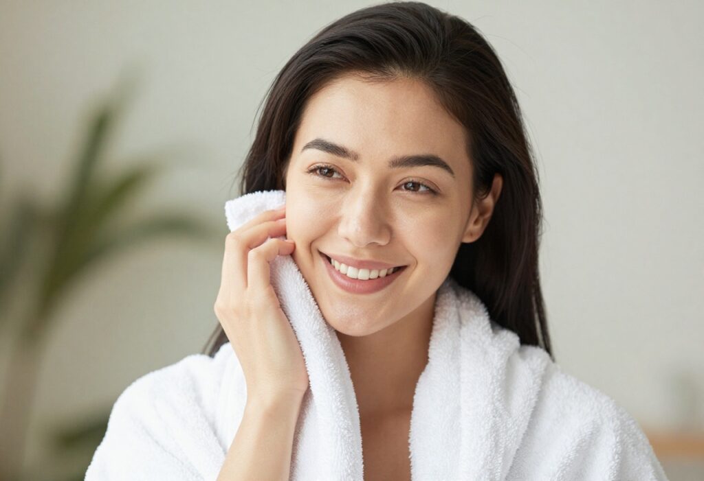 Woman with healthy glowing skin after shower, smiling, wearing white towel