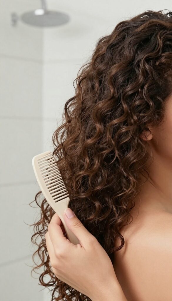 Woman detangling dry curly hair with wide-tooth comb before shower