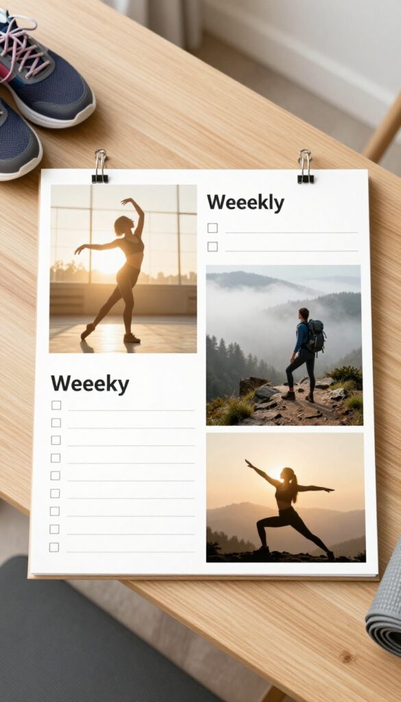 Fitness motivation vision board with dancer, hiker, sunrise stretching, workout gear, and weekly log on a wooden desk.