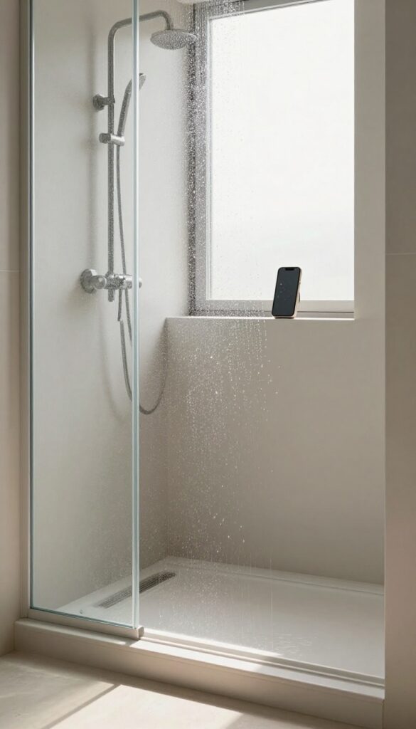 Shower with a smartphone on a shelf, soft natural light, clean and serene bathroom setting