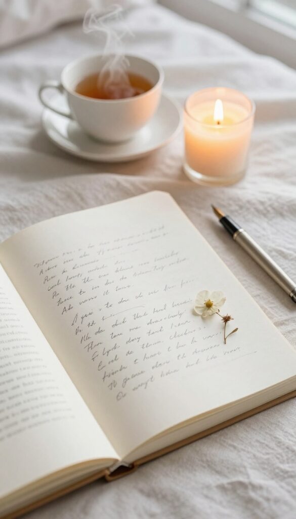 Open gratitude journal on bed with pen, tea, candle, and morning light