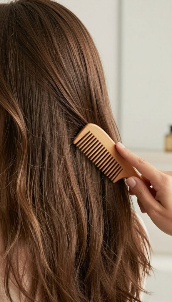 Woman brushing dry hair with wide-tooth comb before shower