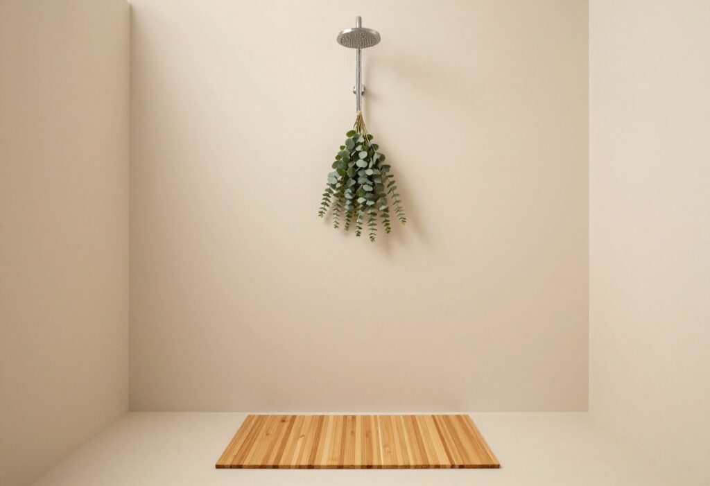 Luxurious shower with rainfall showerhead, eucalyptus, and teak mat