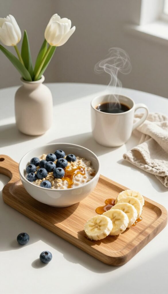 Nourishing breakfast bowl with oatmeal and berries on a sunny table