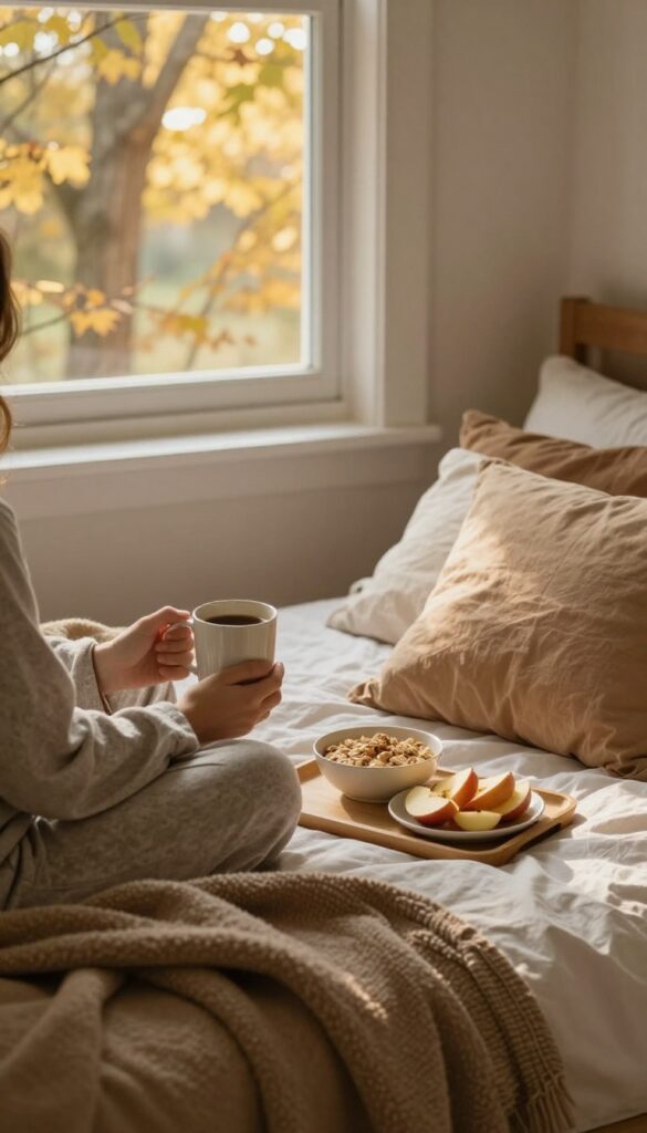 Cozy fall morning with person in pajamas enjoying coffee in bed, warm sunlight and autumn leaves outside window.