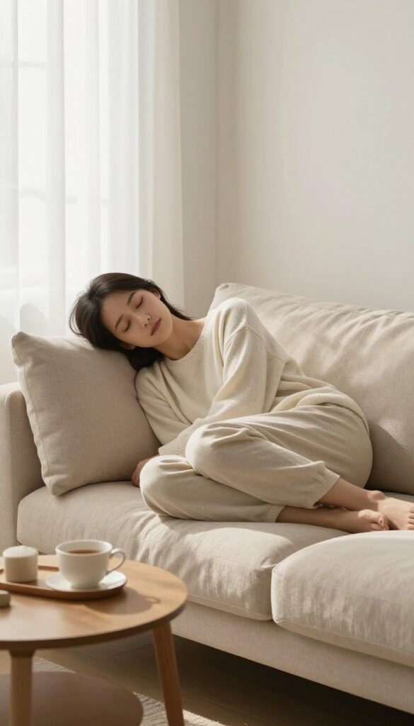 Person relaxing on a sofa during a do nothing hour