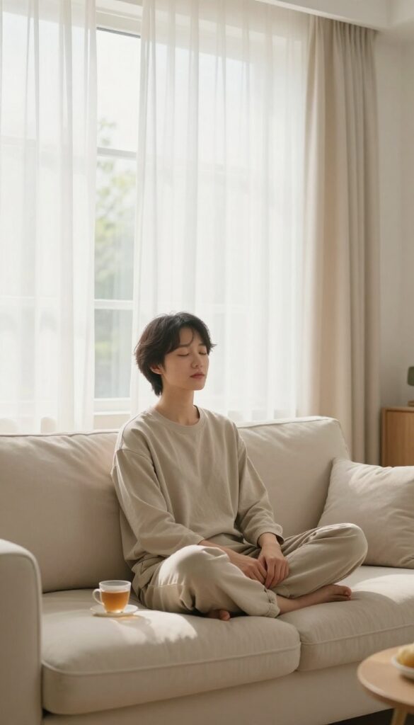 Person sitting on sofa doing nothing, relaxing with eyes closed in bright natural light, no phone or book, peaceful self-care moment