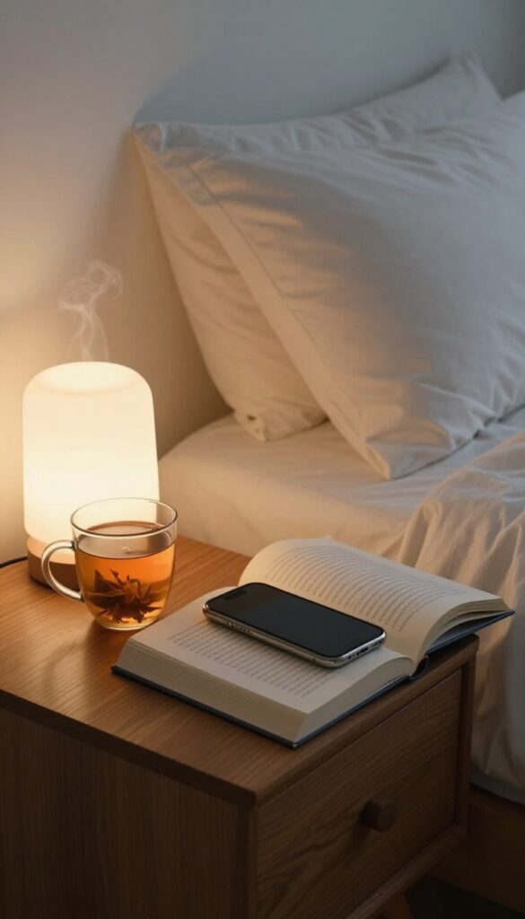 A cozy bedroom with a book and tea on a nightstand, no screens in sight, promoting a screen-free bedtime routine.