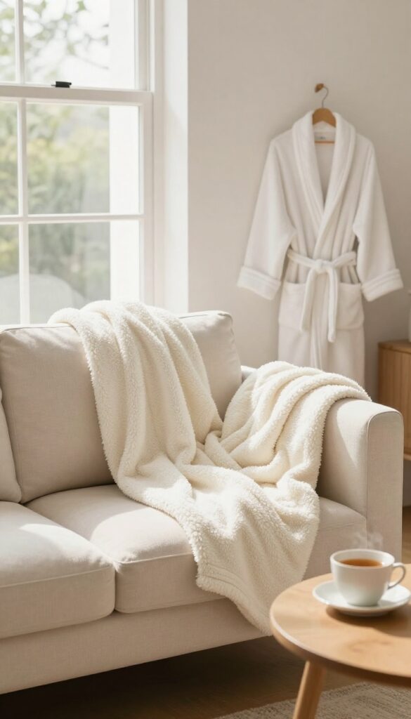 Cozy living room with a soft fleece blanket and plush bathrobe, warm natural light, inviting and calm atmosphere.