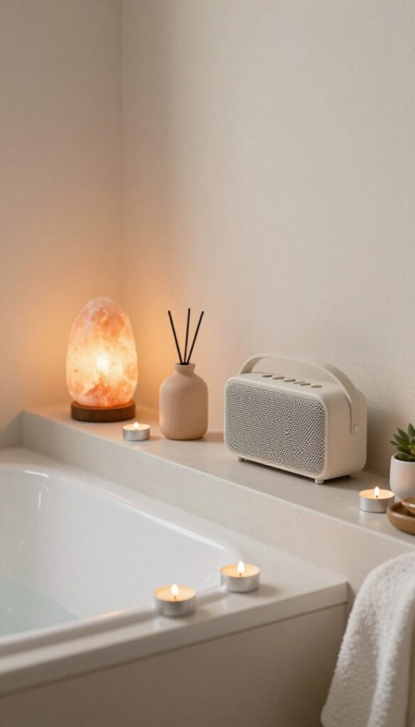 Bathroom with soft candlelight and salt lamp, Bluetooth speaker, creating a relaxing spa atmosphere