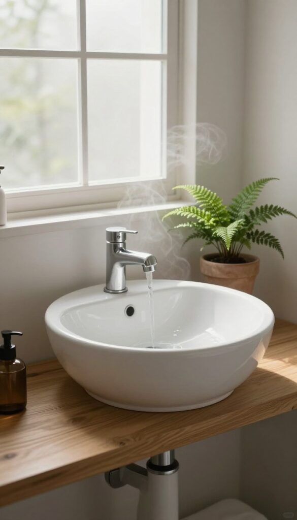 Small fern on a wooden shelf in a bright, steamy bathroom with natural light