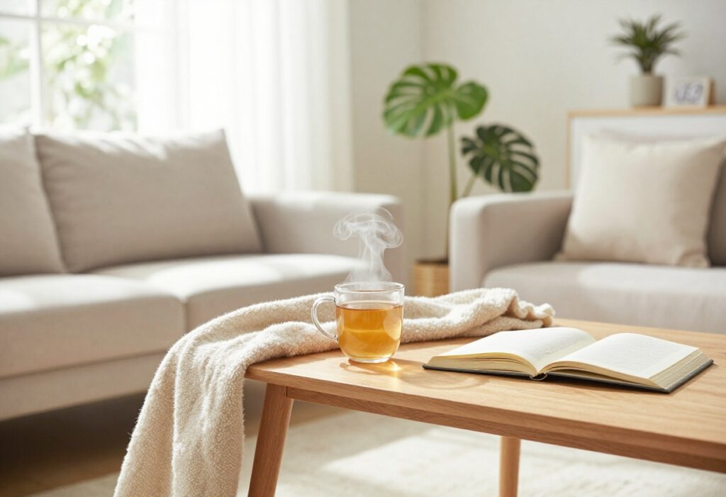 Cozy self care Sunday setup with tea, journal, and blanket in a sunlit room