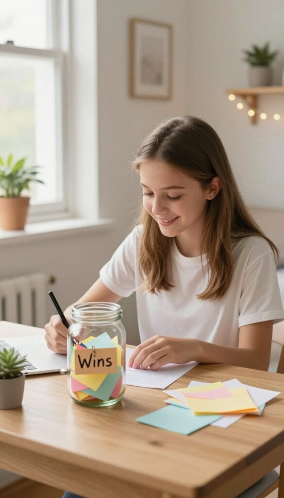 Girl writing a small victory note and placing it in a win jar on her desk