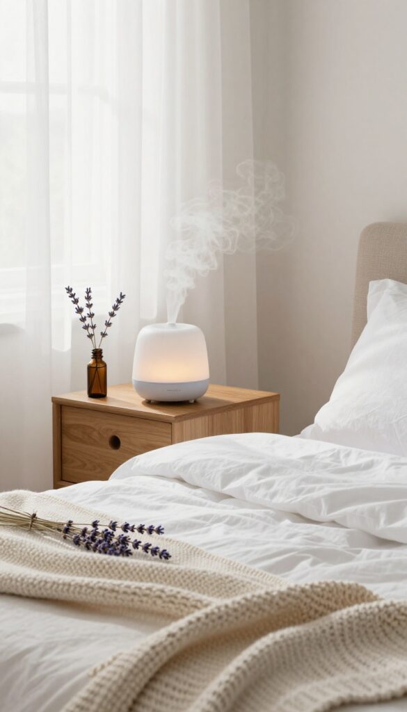 Aromatherapy diffuser and lavender oil on nightstand in peaceful bedroom