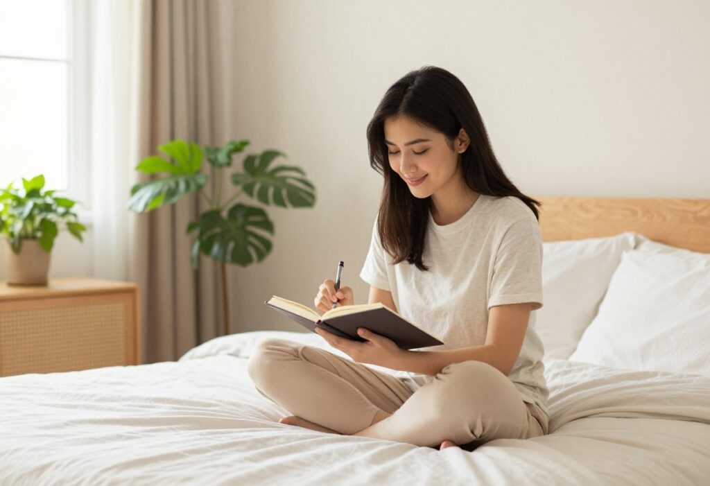 Young woman journaling in bed with soft morning light, embodying self-care and confidence.