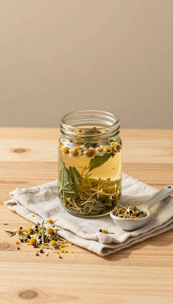 DIY herbal tea blend ingredients on a wooden table