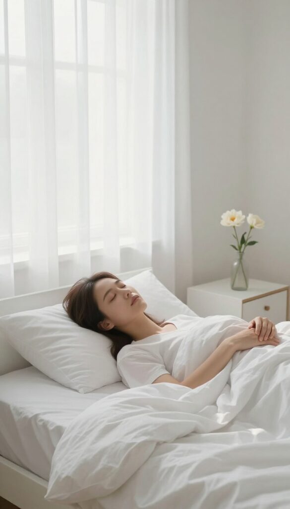 Woman sitting up in bed during a quiet morning check-in, no phone, soft natural light, serene atmosphere.