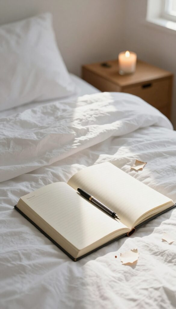 A journal and torn paper on a bed in a sunlit room, symbolizing forgiveness and letting go of past mistakes.