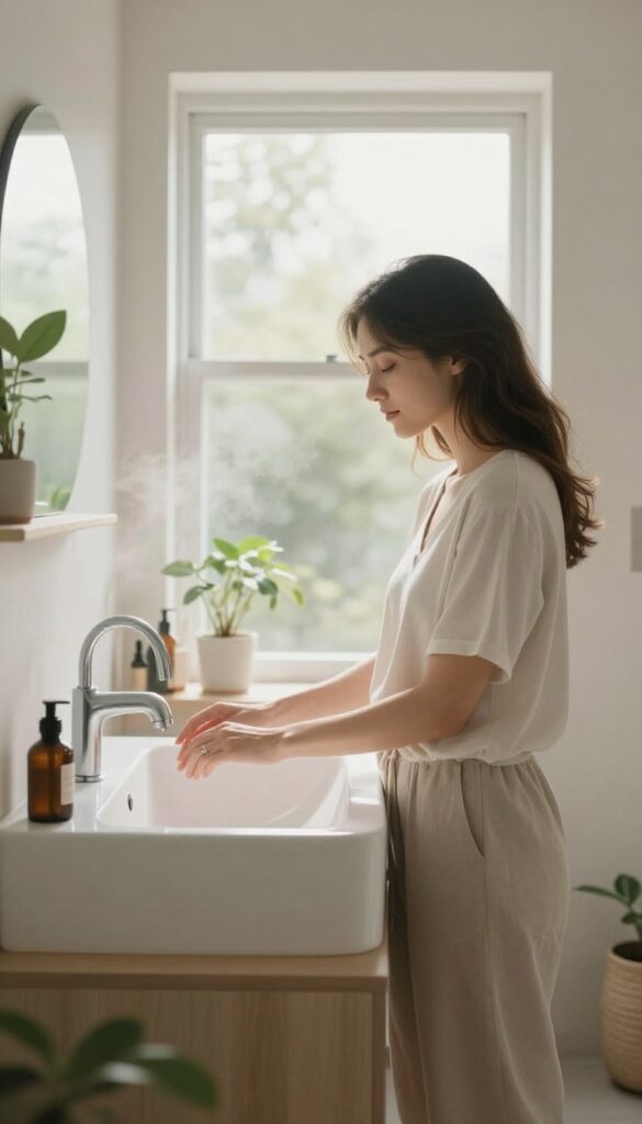Woman touching faucet before shower, taking a deep breath, serene bathroom with natural light