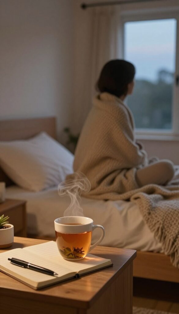 Cozy evening scene with tea, journal, and person on bed in warm lamplight