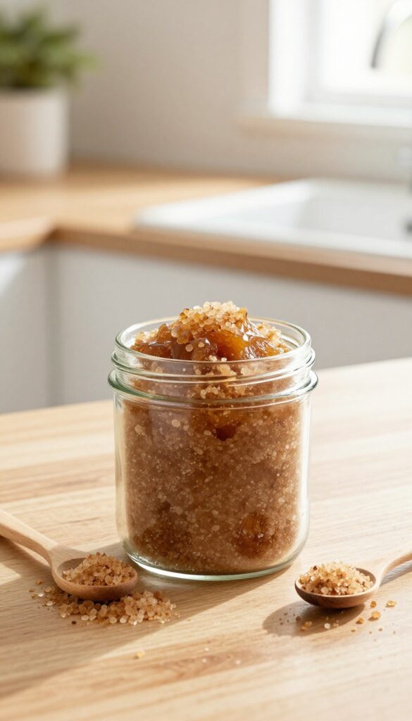 Homemade brown sugar scrub in a glass jar with a wooden spoon on a kitchen counter
