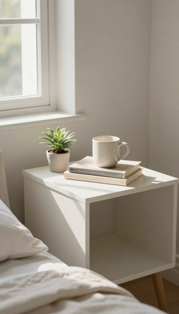 Tidy nightstand and folded blanket in sunlit bedroom corner