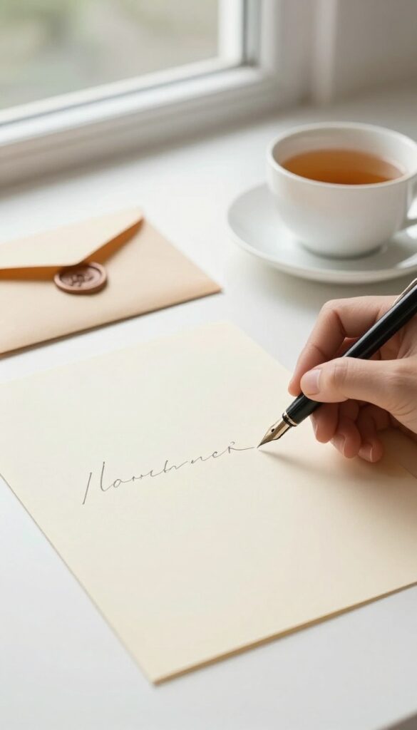 Hand writing a letter to future self with envelope and tea