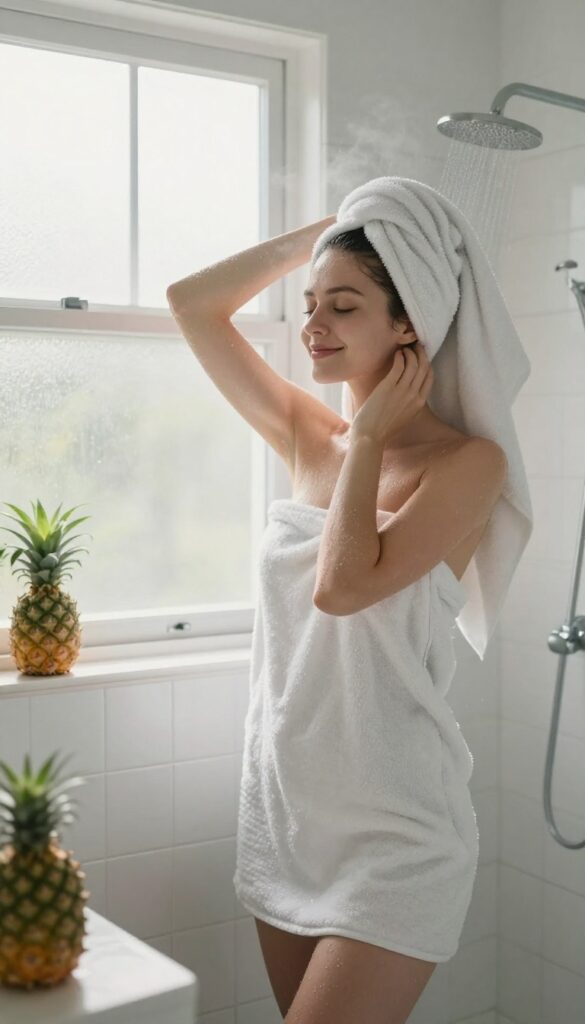 Woman in bathroom after shower, smiling with eyes closed, speaking positive affirmation