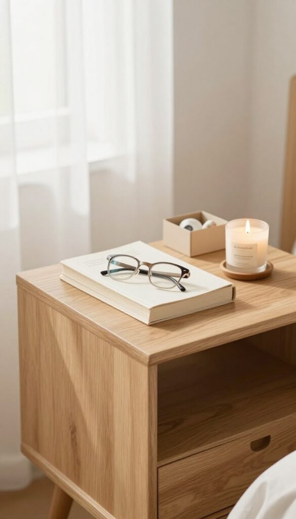 Decluttering a nightstand with neatly arranged items and a donation box in natural light