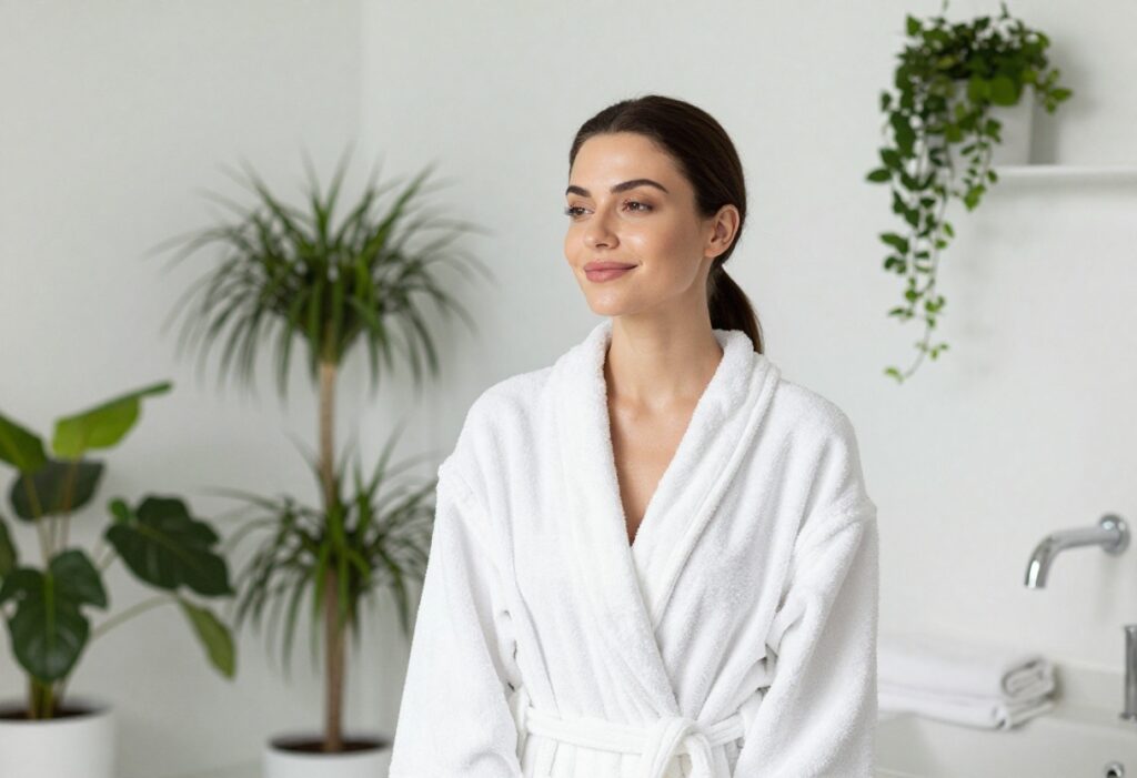 Woman with smooth glowing skin in bathroom after shower
