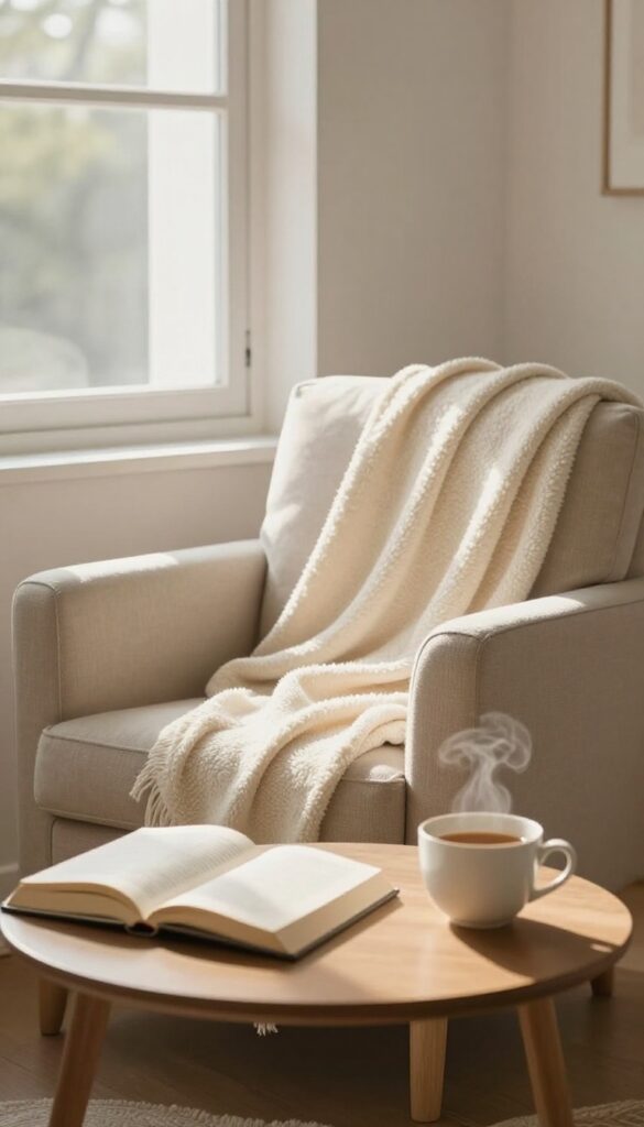 Cozy reading nook with book and tea, no screens, representing a screen-free hour for self-care.