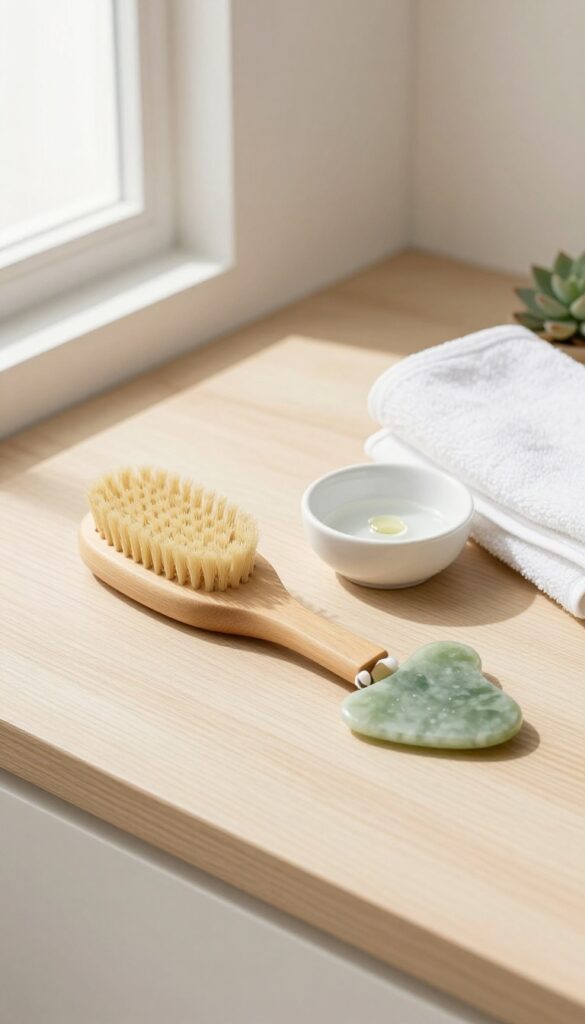 Flat lay of dry brush and gua sha on bathroom counter with natural light