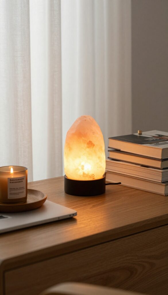 Cozy bedroom corner with a glowing salt lamp and candle for relaxation
