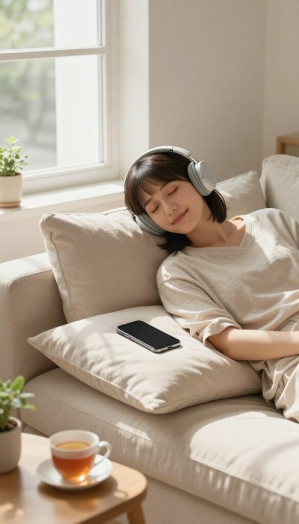 A person relaxing on a sofa, listening to music with headphones in a sunlit living room.