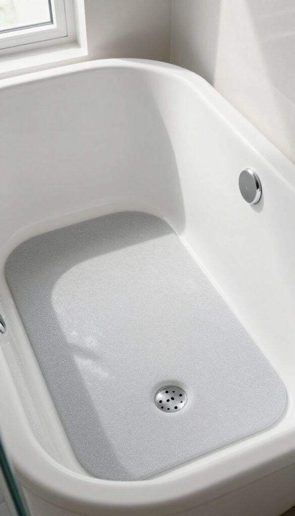 Non-slip mat with drainage holes in a clean white bathtub, soft natural light, photorealistic bathroom safety decor.