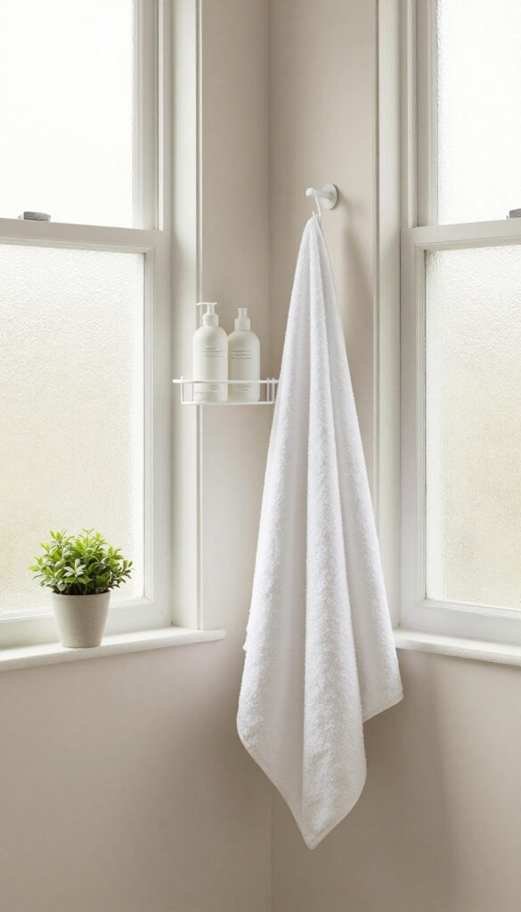 Clean bathroom with shower caddy, white towels, and plant by window, soft natural light