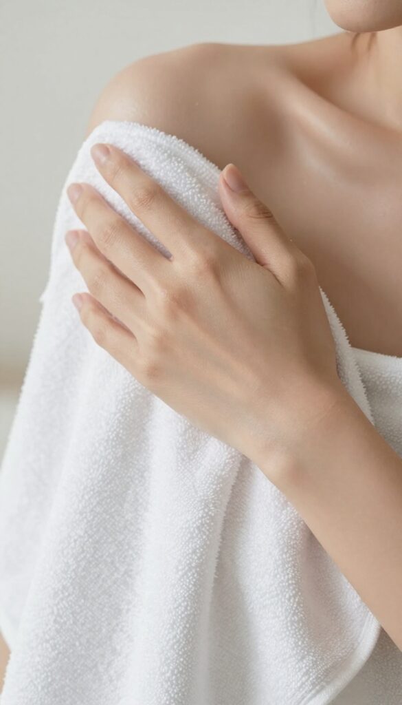 Woman patting her arm dry with a soft towel after a shower, showing damp glowing skin