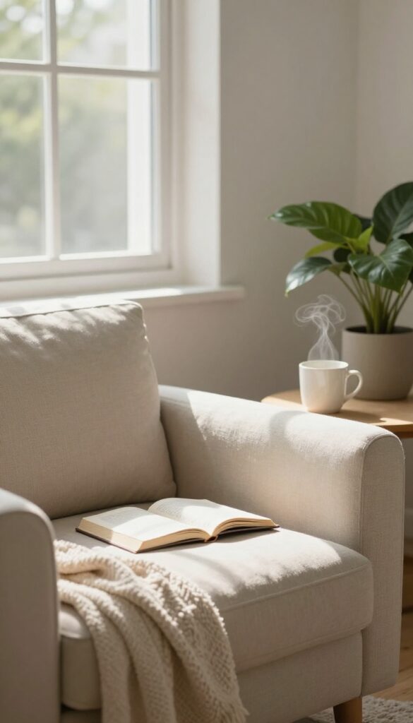 Cozy reading nook with book and mug in warm sunlight