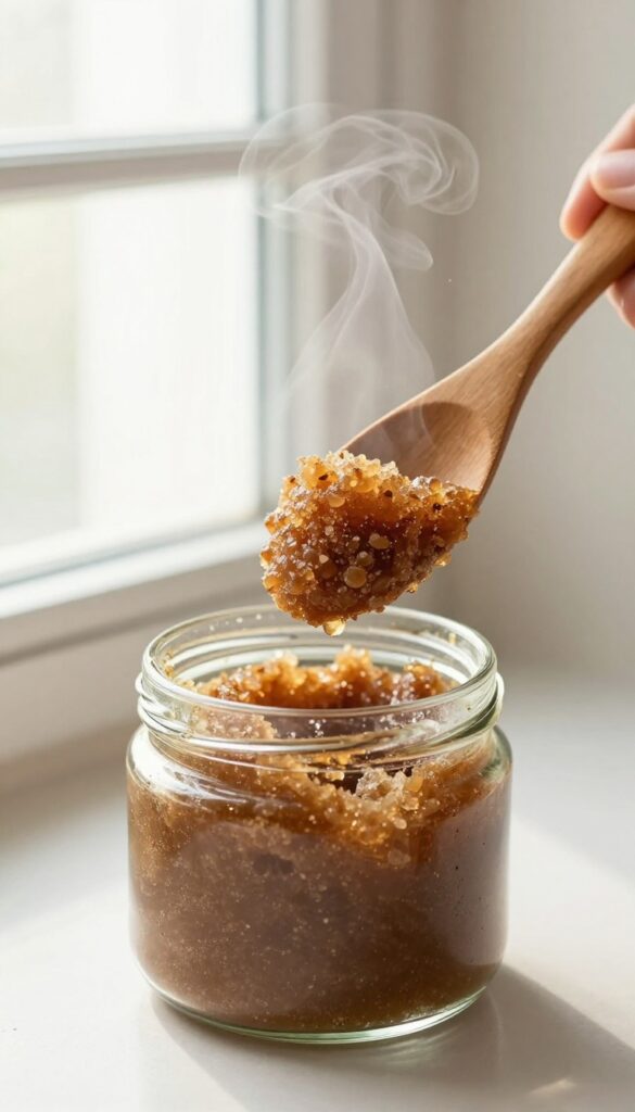Hand scooping brown sugar scrub from a glass jar in a steamy shower with natural light
