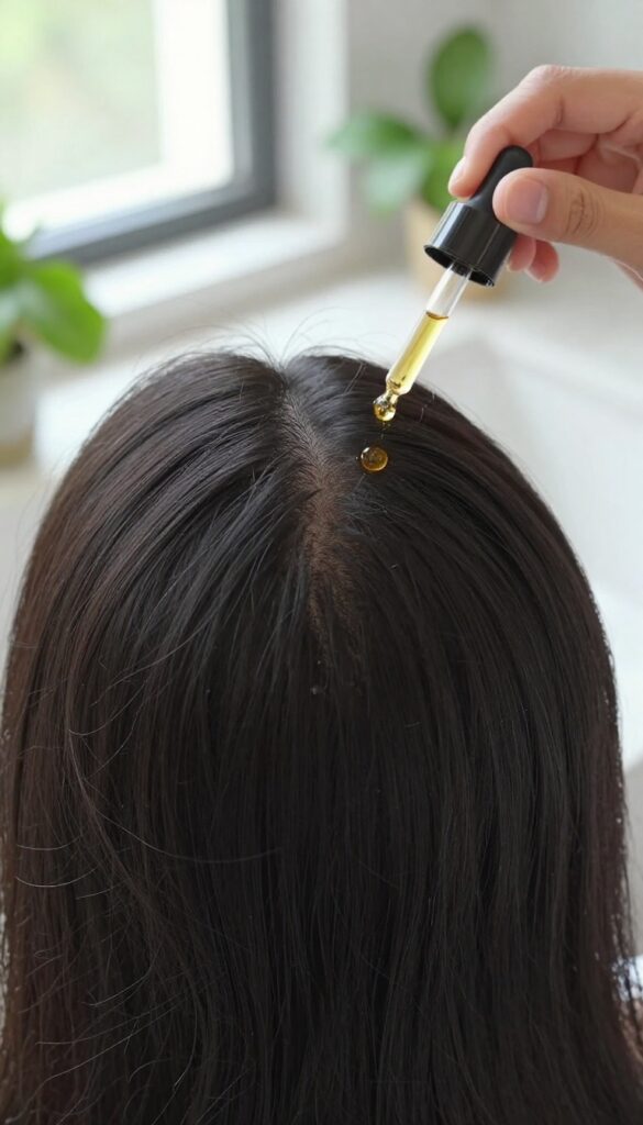 Woman applying scalp treatment oil before shower