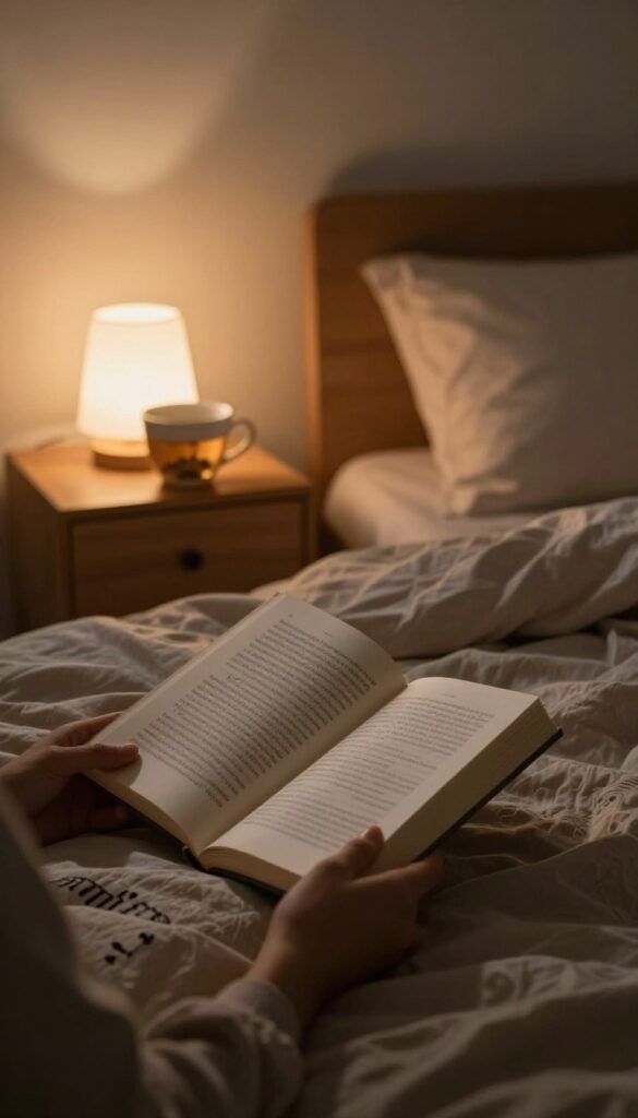 A person reading a physical book in bed with a cup of tea, cozy bedroom setting, soft lighting.