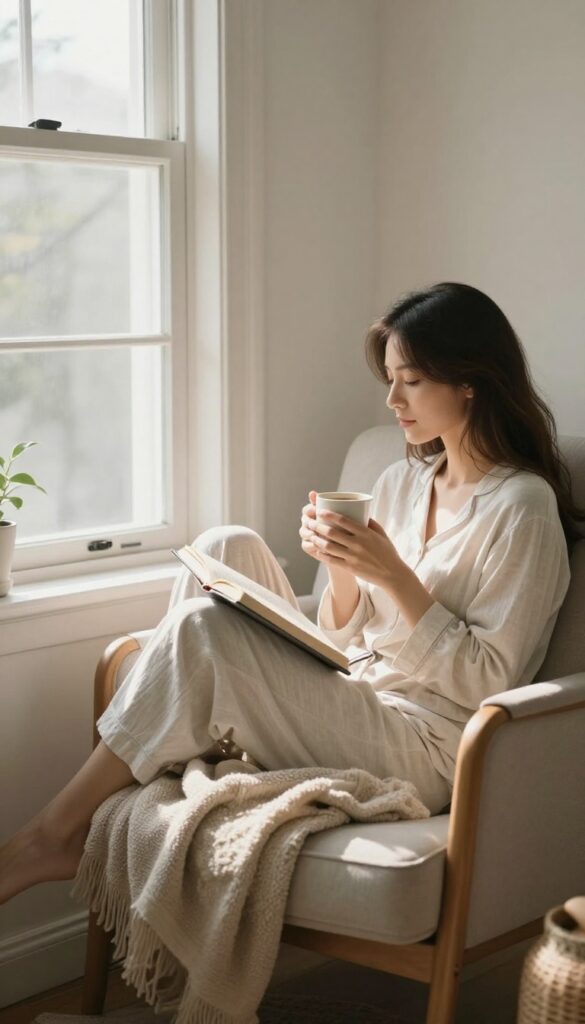 Woman enjoying a screen-free morning with coffee and a book by a sunlit window