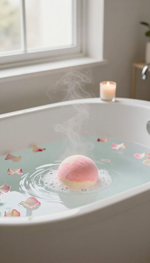 Vanilla and rose bath bomb fizzing in a warm bath with rose petals and steam