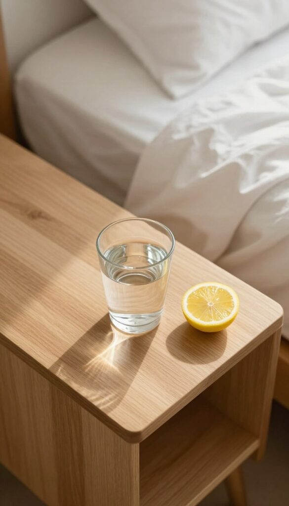 Glass of water with lemon slice on nightstand in sunlit bedroom