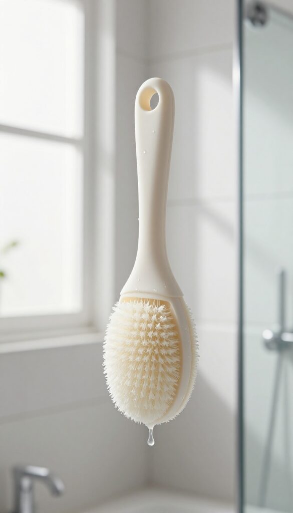 A long-handled silicone back scrubber hanging in a bright, clean shower with water droplets on its bristles.